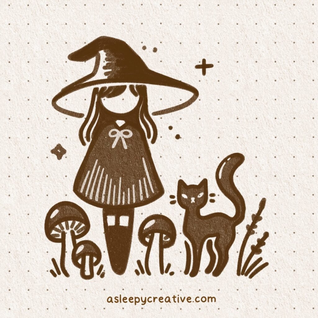 Easy Drawing Idea : witch and her cat