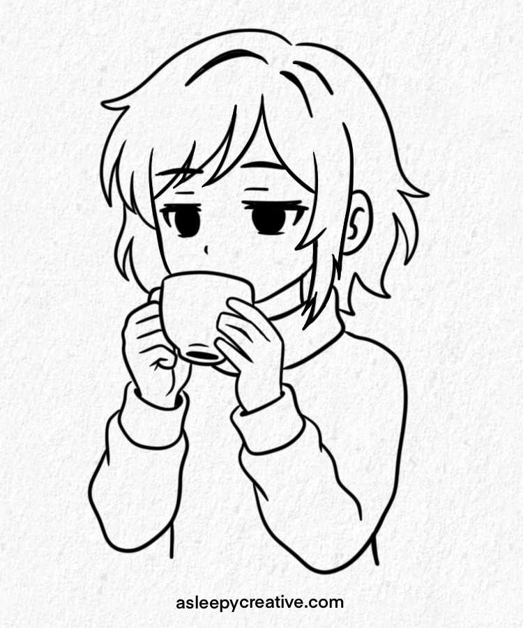 Tired Anime Girl Sipping Coffee