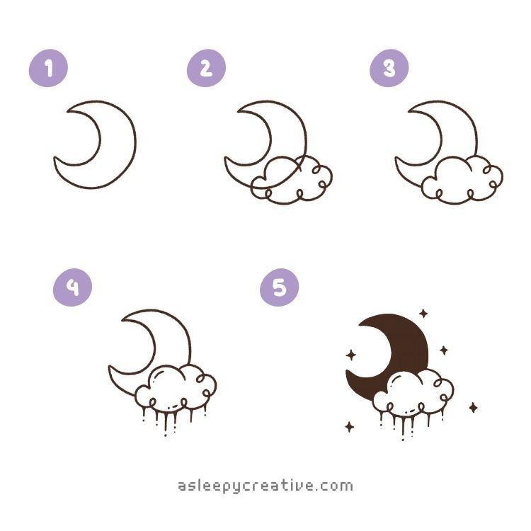 Cute Drawing Moon And Cloud Step by Step