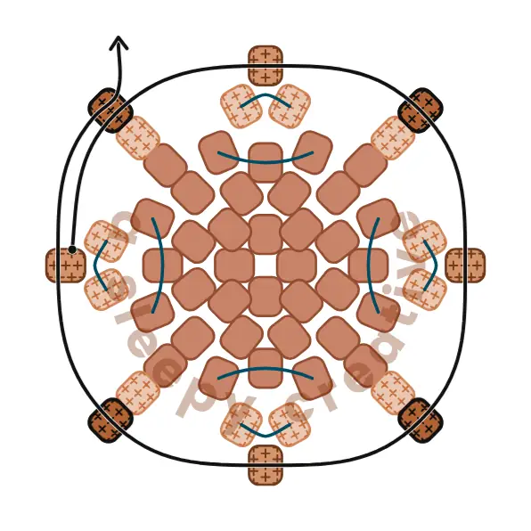 3D mini acorn beading pattern row 10 diagram: add 1 light brown bead in each gap (4 beads)