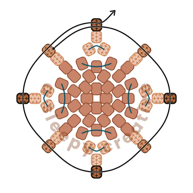 3D mini acorn beading pattern row 11 diagram: last round of 4 light brown beads