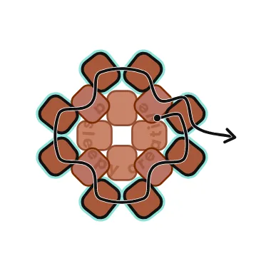 3D mini acorn beading pattern row 3 diagram: increase with 2 dark brown beads in each gap