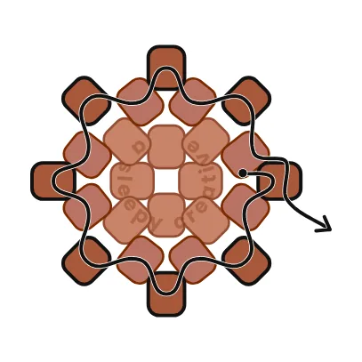 3D mini acorn beading pattern row 4 diagram: add 1 dark brown bead in each of the 8 gaps