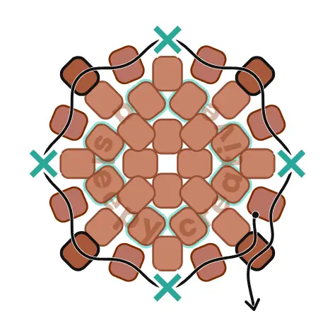 3D mini acorn beading pattern row 6 diagram: decrease, skipping every other gap