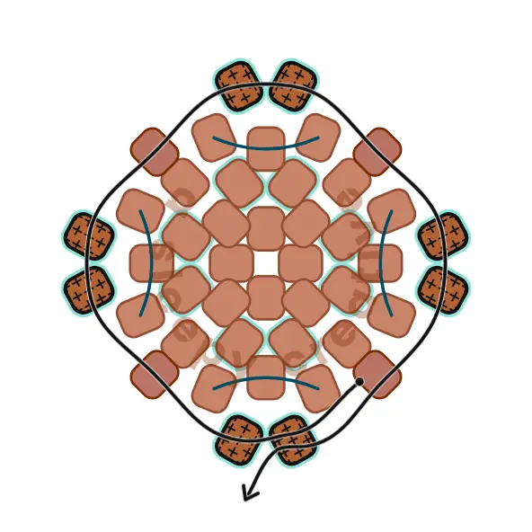 3D mini acorn beading pattern row 7 diagram: switch to light brown and add 2 beads in each gap