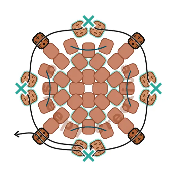 3D mini acorn beading pattern row 8 diagram: decrease with light brown beads, skipping every other gap