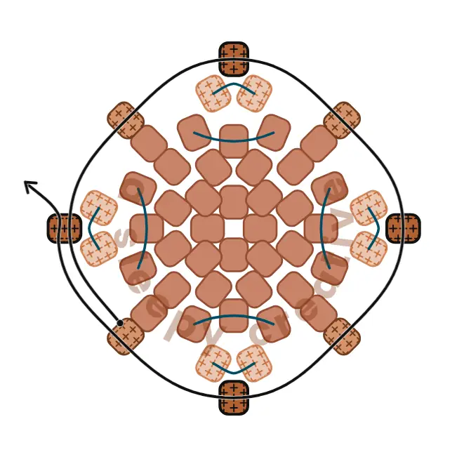 3D mini acorn beading pattern row 9 diagram: add 1 light brown bead in each gap
