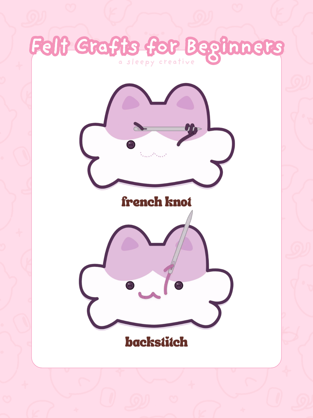 Pinterest pin "Felt Crafts for Beginners" showing a cute felt cat plushie getting French knot eyes and a backstitch smile