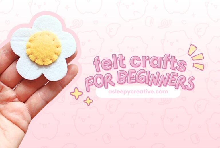 Hand holding a white felt flower with a yellow center next to the title "felt crafts for beginners" on a pink background