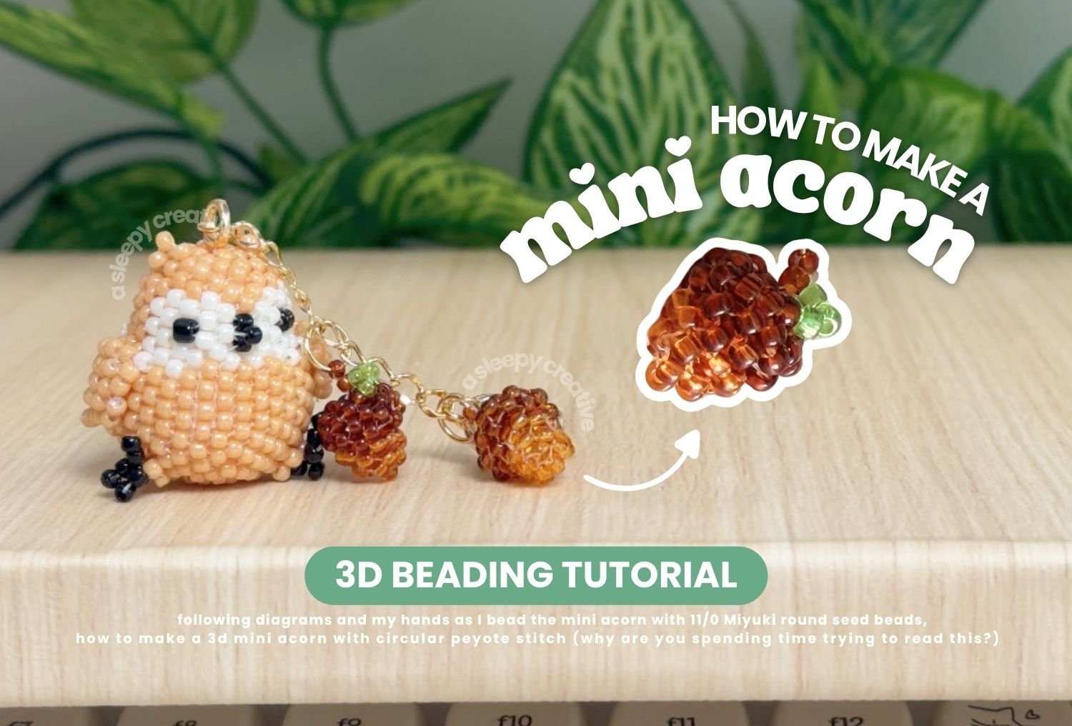 How to make a 3D beaded mini acorn: free circular peyote stitch beading pattern